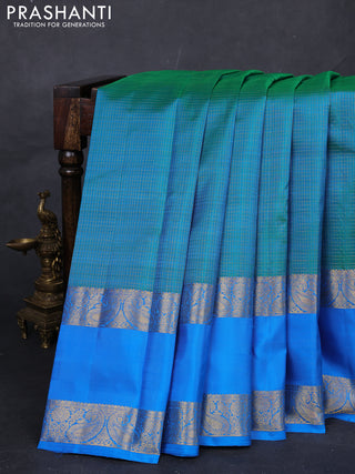 Teal Green & Cs Blue Pure Kanchipuram Silk  -Checks