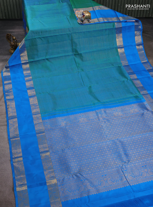 Teal Green & Cs Blue Pure Kanchipuram Silk  -Checks