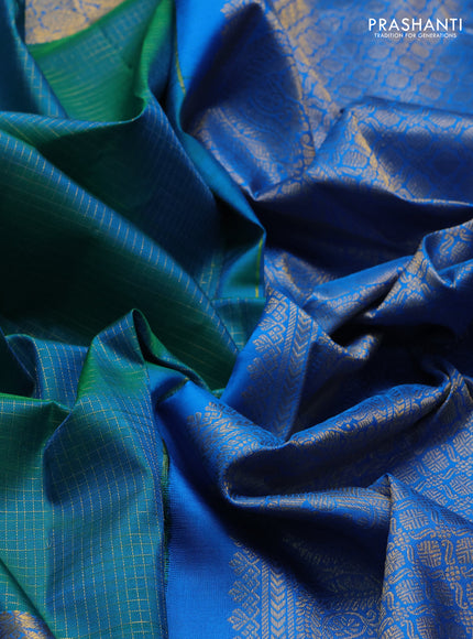 Teal Green & Cs Blue Pure Kanchipuram Silk  -Checks