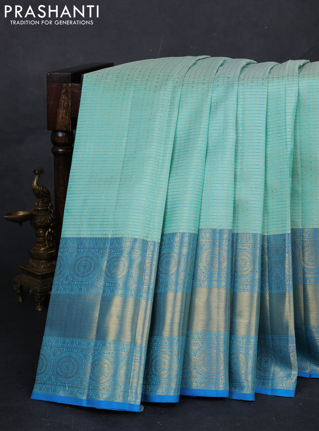 Teal Green & Cs Blue Pure Kanchipuram Silk  -Checks