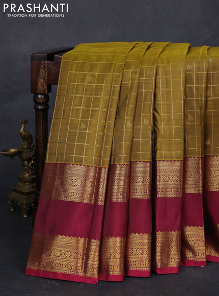 Mehendi Green & Maroon Pure Kanchipuram Silk  - Checks