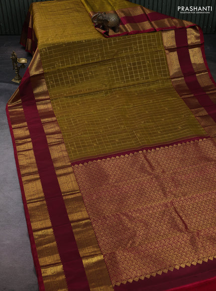 Mehendi Green & Maroon Pure Kanchipuram Silk  - Checks