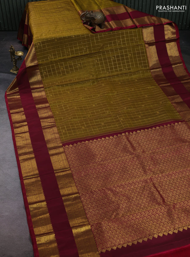 Mehendi Green & Maroon Pure Kanchipuram Silk  - Checks