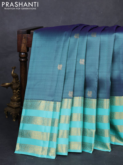 Blue & Teal Blue Pure Kanchipuram Silk  -Buttas