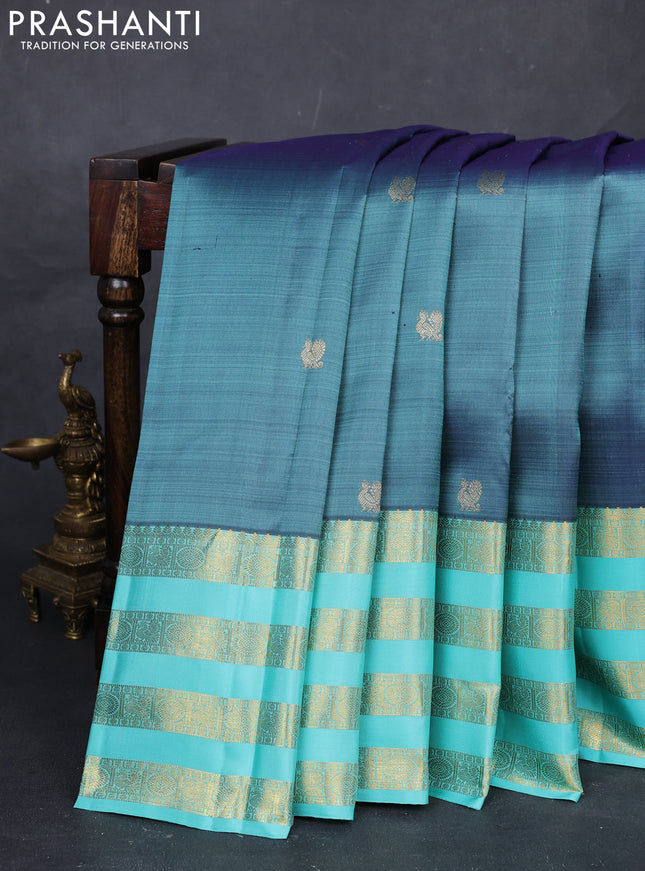 Blue & Teal Blue Pure Kanchipuram Silk  -Buttas