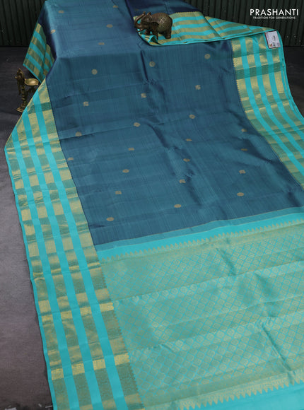 Blue & Teal Blue Pure Kanchipuram Silk  -Buttas