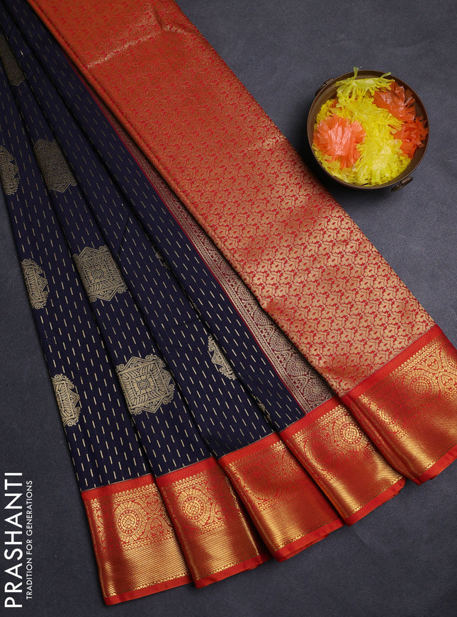 Navy Blue & Orange Semi Kanchipuram Silk - Korvai