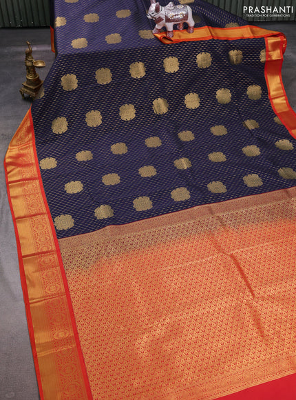 Navy Blue & Orange Semi Kanchipuram Silk - Korvai