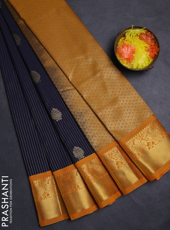 Navy Blue & Mustard Yellow Semi Kanchipuram Silk - Korvai