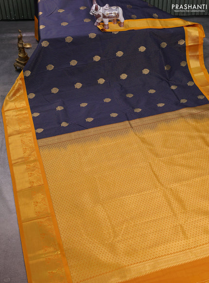 Navy Blue & Mustard Yellow Semi Kanchipuram Silk - Korvai