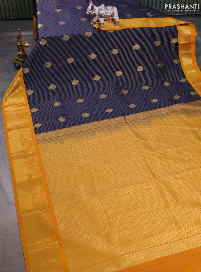 Navy Blue & Mustard Yellow Semi Kanchipuram Silk - Korvai