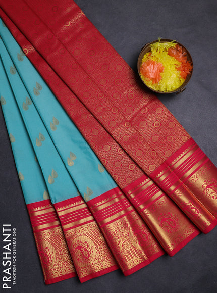 Teal Blue & Pink Semi Kanchipuram Silk - Korvai