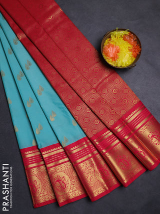 Teal Blue & Pink Semi Kanchipuram Silk - Korvai