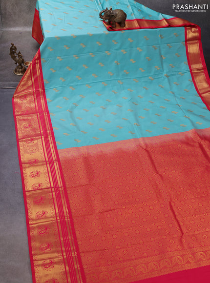 Teal Blue & Pink Semi Kanchipuram Silk - Korvai