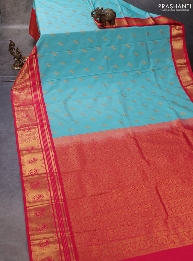 Teal Blue & Pink Semi Kanchipuram Silk - Korvai