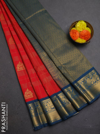 Red & Peacock Green Semi Kanchipuram Silk - Korvai