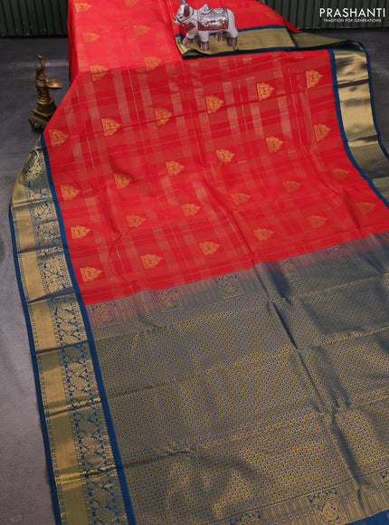 Red & Peacock Green Semi Kanchipuram Silk - Korvai