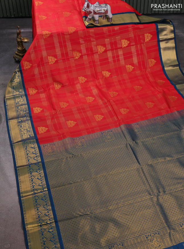 Red & Peacock Green Semi Kanchipuram Silk - Korvai