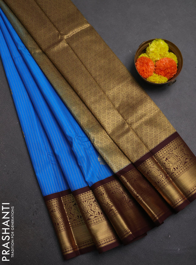 Blue & Coffee Brown Semi Kanchipuram Silk - Korvai