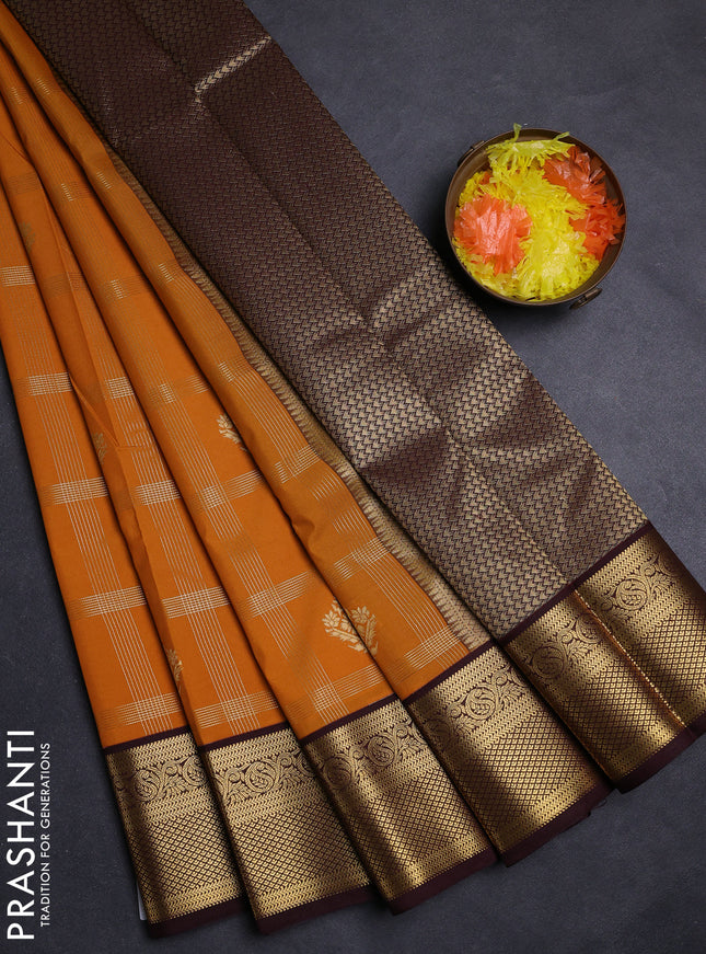 Mustard Yellow & Coffee Brown Semi Kanchipuram Silk - Korvai