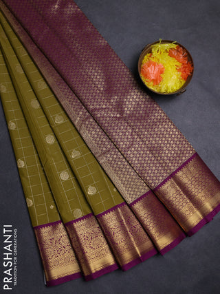 Mehendi Greeb & Purple Semi Kanchipuram Silk - Korvai