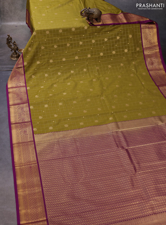 Mehendi Greeb & Purple Semi Kanchipuram Silk - Korvai