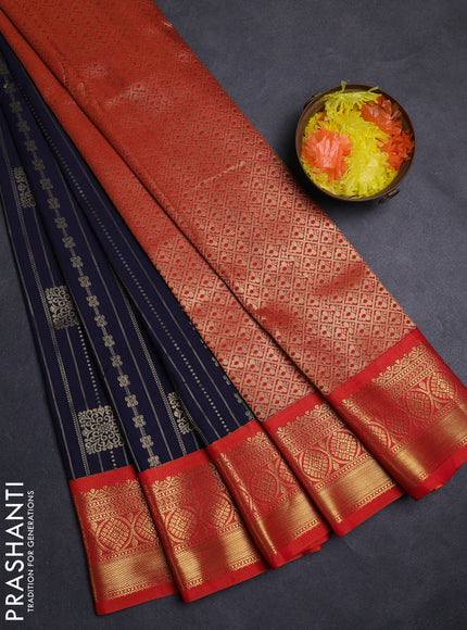 Navy Blue & Orange Semi Kanchipuram Silk - Korvai