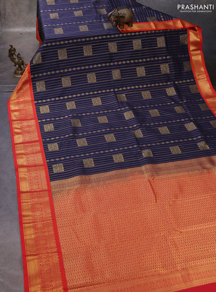 Navy Blue & Orange Semi Kanchipuram Silk - Korvai