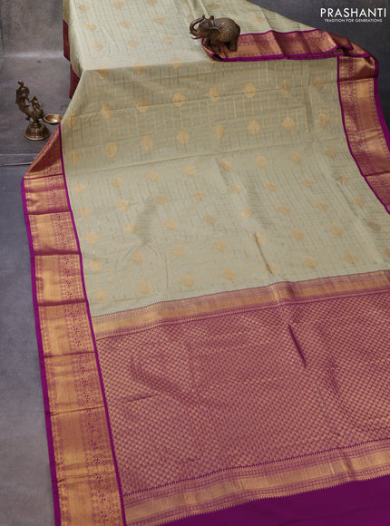 Pastel Green & Magenta Pink Semi Kanchipuram Silk - Korvai