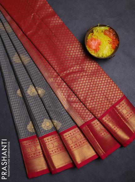 Grey & Red Semi Kanchipuram Silk - Korvai