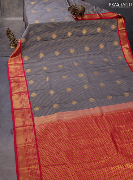 Grey & Red Semi Kanchipuram Silk - Korvai
