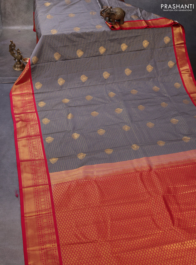 Grey & Red Semi Kanchipuram Silk - Korvai