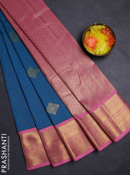 Blue & Peach Pink Semi Kanchipuram Silk - Korvai