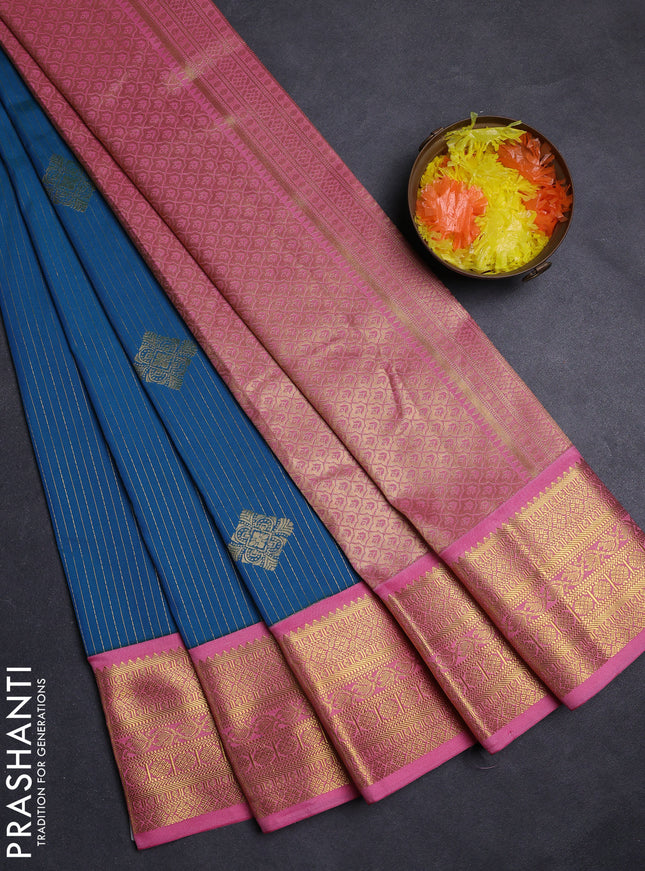 Blue & Peach Pink Semi Kanchipuram Silk - Korvai