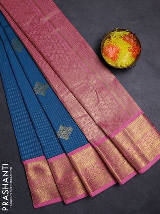 Blue & Peach Pink Semi Kanchipuram Silk - Korvai