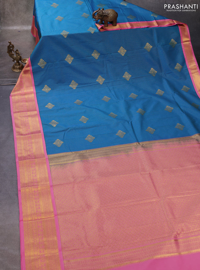 Blue & Peach Pink Semi Kanchipuram Silk - Korvai
