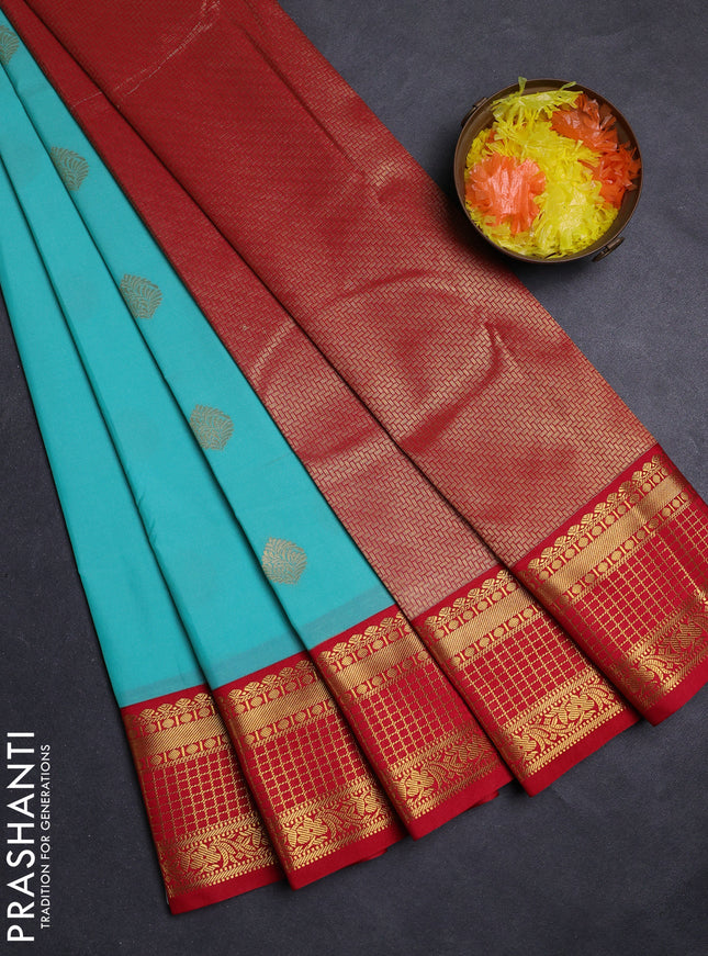 Teal Blue & Red Semi Kanchipuram Silk - Korvai
