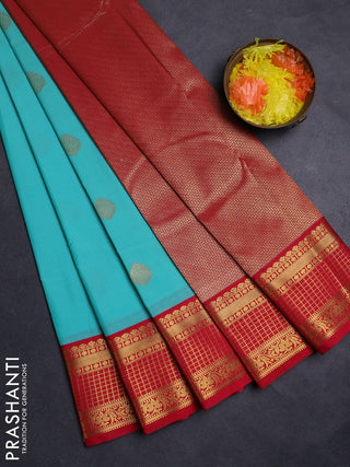 Teal Blue & Red Semi Kanchipuram Silk - Korvai