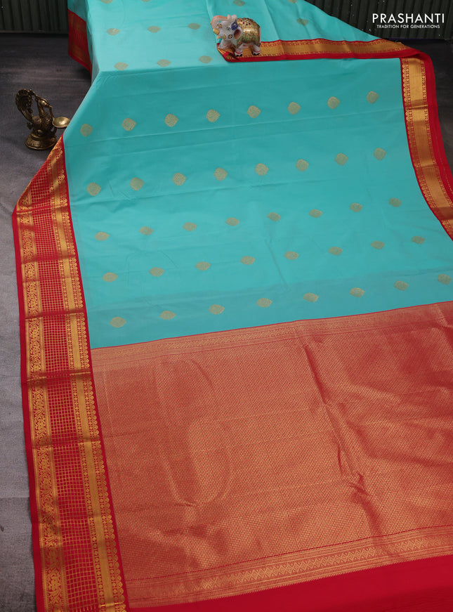 Teal Blue & Red Semi Kanchipuram Silk - Korvai