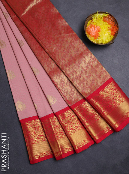 Pastel Pink & Red Semi Kanchipuram Silk - Korvai