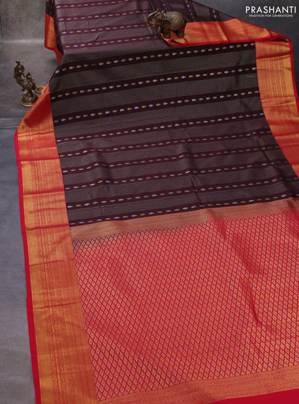 Coffee Brown & Red Semi Kanchipuram Silk - Korvai