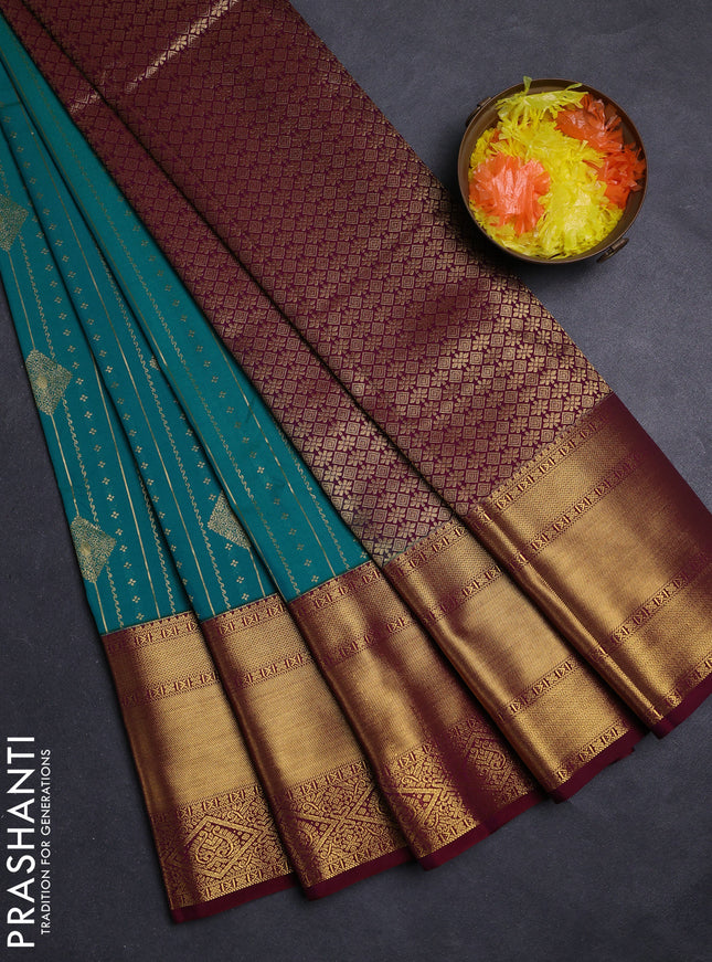 Teal Green & Wine Semi Kanchipuram Silk - Korvai