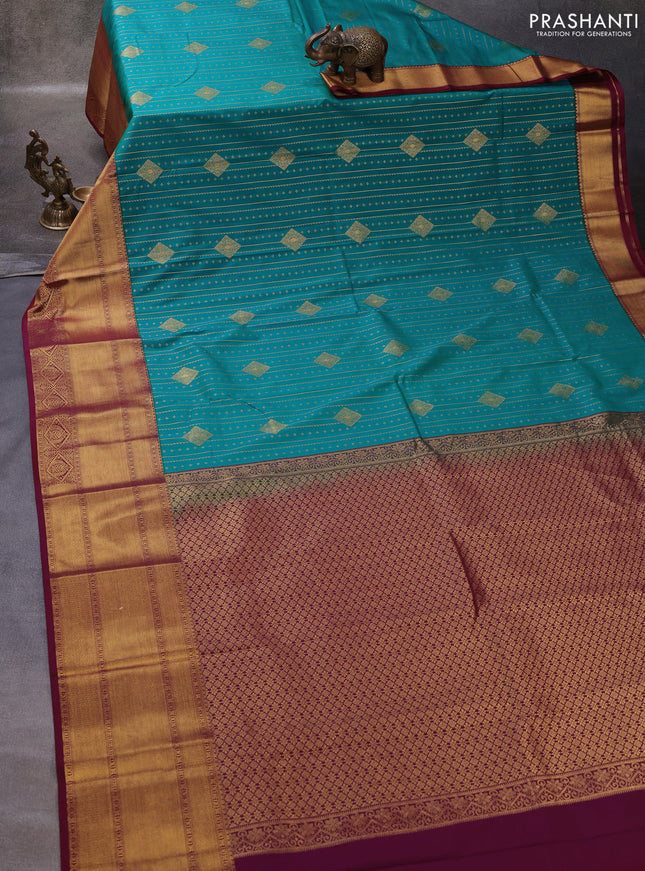 Teal Green & Wine Semi Kanchipuram Silk - Korvai