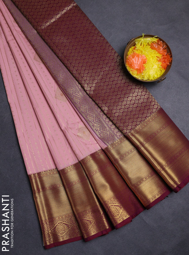 Peach Pink & Maroon Semi Kanchipuram Silk - Korvai