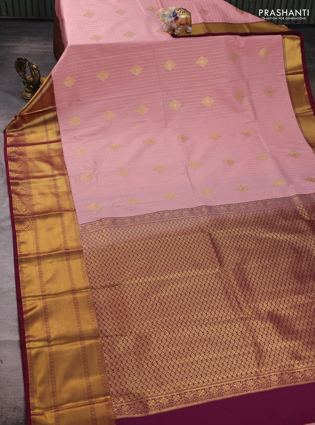 Peach Pink & Maroon Semi Kanchipuram Silk - Korvai
