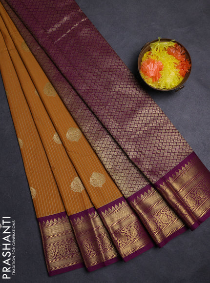 Mustard Yellow & Purple Semi Kanchipuram Silk - Korvai