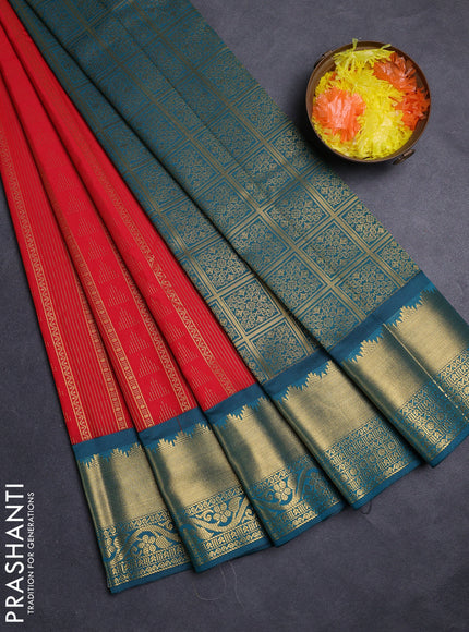 Red & Peacock Green Semi Kanchipuram Silk - Korvai