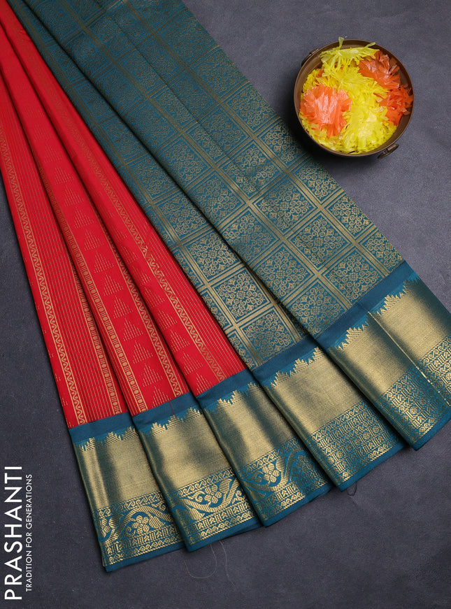 Red & Peacock Green Semi Kanchipuram Silk - Korvai