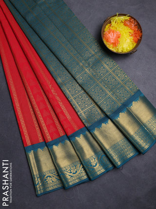 Red & Peacock Green Semi Kanchipuram Silk - Korvai