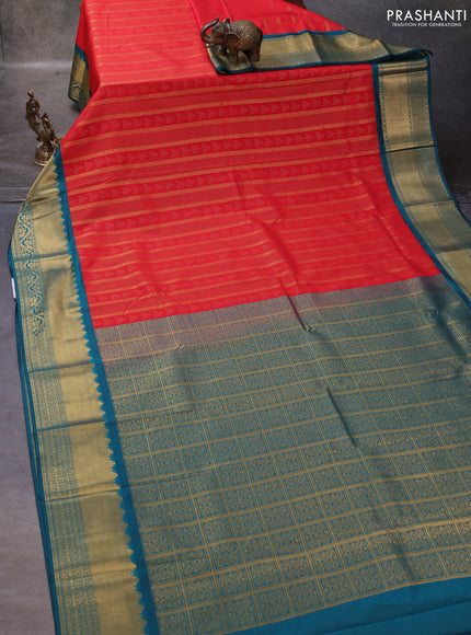 Red & Peacock Green Semi Kanchipuram Silk - Korvai